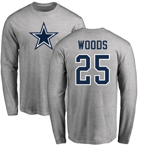 Men Dallas Cowboys Ash Xavier Woods Name and Number Logo #25 Long Sleeve Nike NFL T Shirt